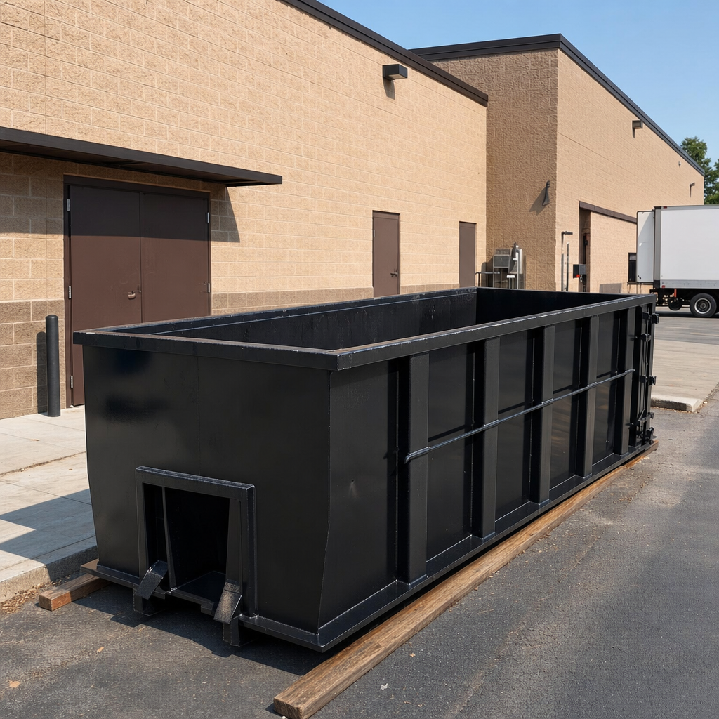 Matte-black 20-yard roll-off dumpster positioned behind a small retail strip on wooden planks, clean parking area, bright daylight