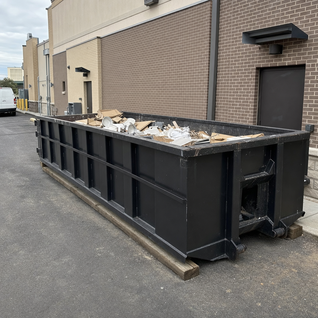 Matte-black 30-yard roll-off dumpster at a multi-tenant retail center service area, ribbed steel sides, swing doors closed, daylight