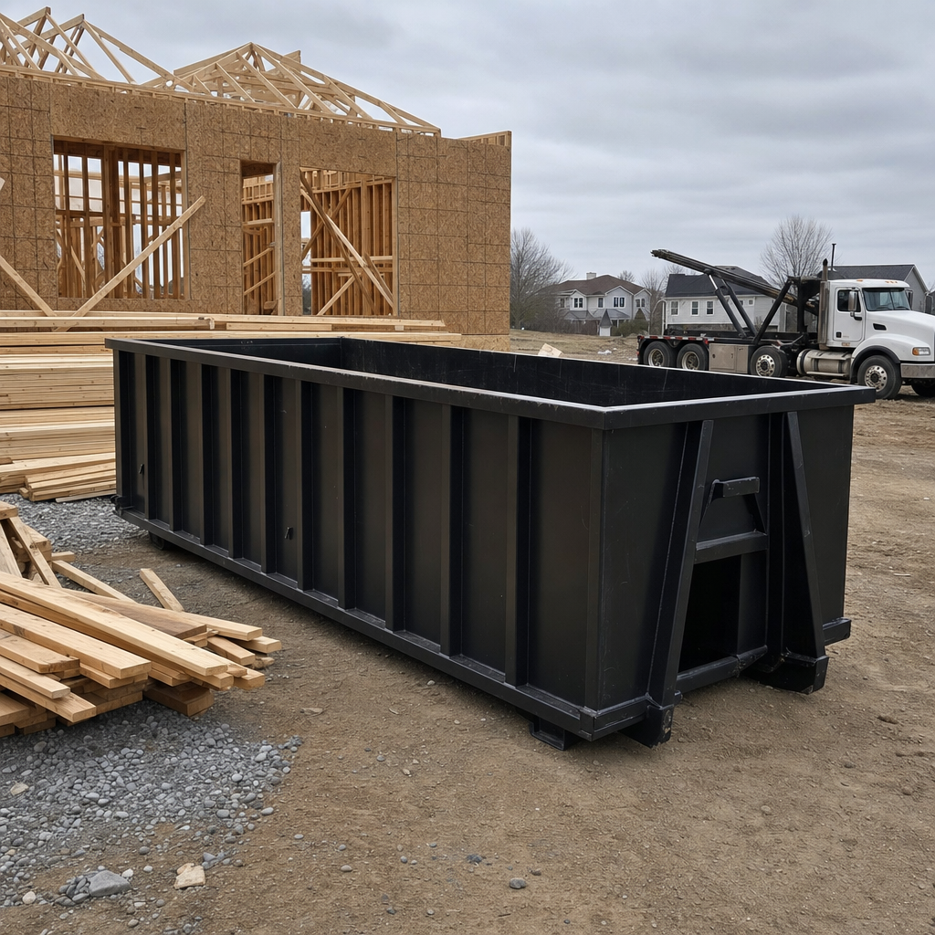 Matte-black 40-yard roll-off dumpster staged on a framed-out residential construction site in Rowlett, framing lumber stacked nearby, hooklift delivery truck visible in the background under bright Colorado daylight