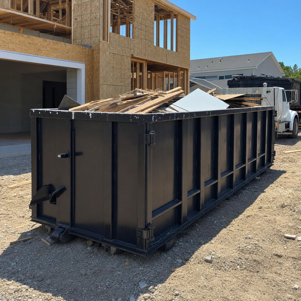 Matte-black 20-yard roll-off construction dumpster with heavy ribbed steel sidewalls and swing rear doors, photographed on a working jobsite in Rowlett