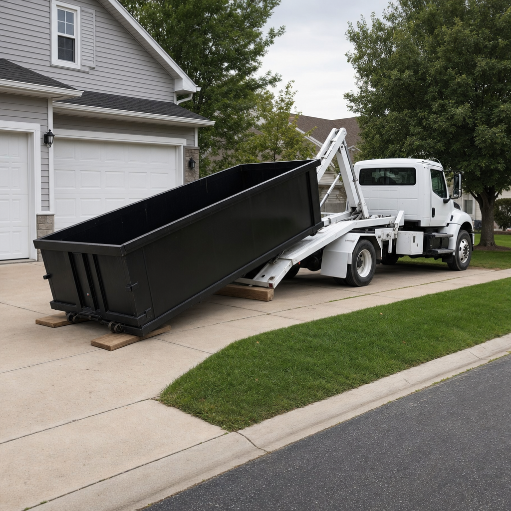 Roll-off delivery driver lowering a matte-black dumpster onto wooden planks in a clean residential driveway, bright natural daylight, documentary 35mm perspective