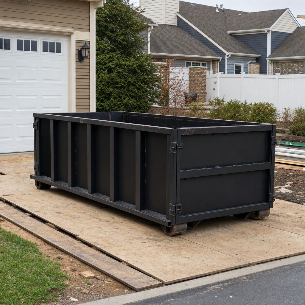 Matte-black 10-yard roll-off dumpster on wooden driveway planks at a Rowlett residential cleanout, ribbed steel construction with steel-gray rails and rear swing door visible.