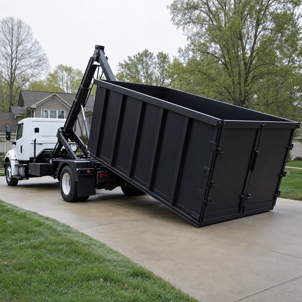 White-cab hooklift roll-off truck actively lowering a matte-black dumpster onto wooden planks at a Rowlett driveway, driver in high-visibility vest operating exterior hydraulic levers.