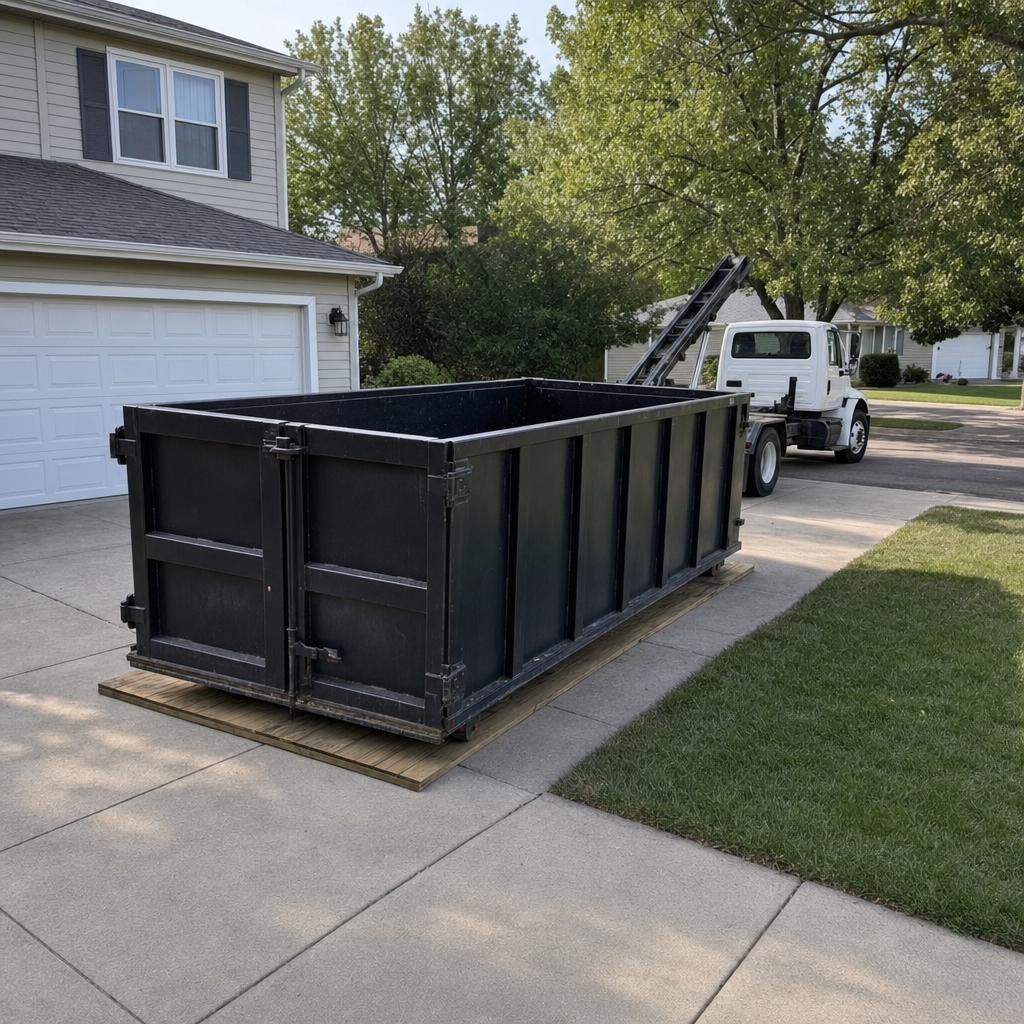 Matte-black roll-off dumpster placed on wooden driveway planks at a residential job in Rowlett, delivered by a hooklift truck under bright morning daylight.