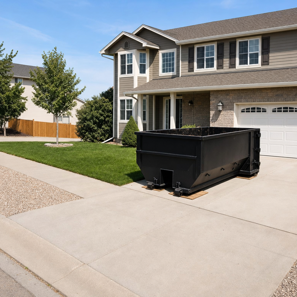 10-yard matte-black residential dumpster placed on wooden plank protection in a narrow Rowlett driveway, room remains for a parked sedan beside it, mid-morning natural light