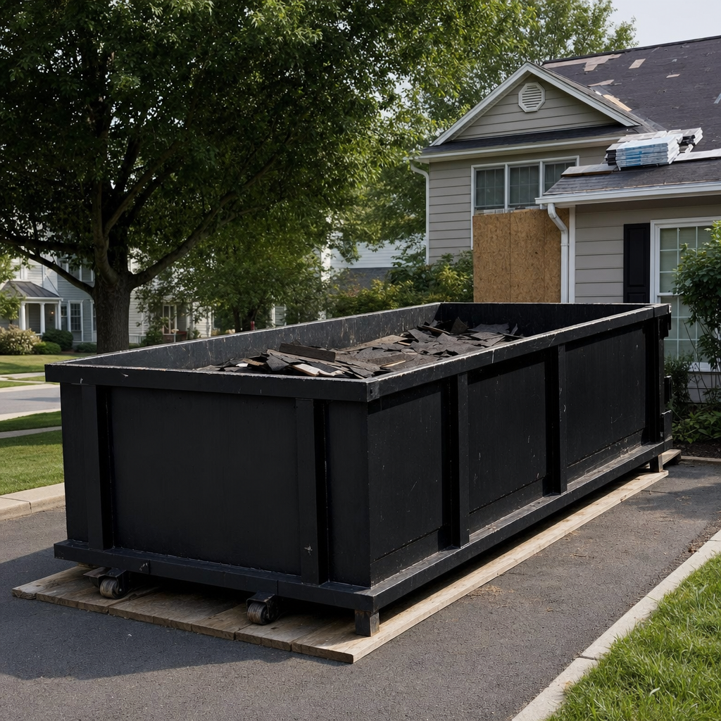 Matte-black roofing roll-off dumpster placed on protective wooden planks in a Rowlett residential driveway, a tear-off crew on a two-story asphalt-shingle roof tossing shingle bundles into the low-walled container, bright daylight, documentary 35mm perspective