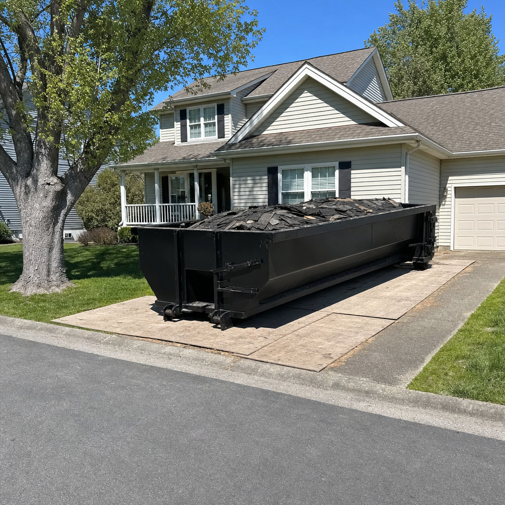 Matte-black 20-yard roofing roll-off dumpster with steel ribbed sides and swinging rear door, positioned on wooden driveway protection planks at a two-story Rowlett home, asphalt shingle debris being loaded over the low wall, clean documentary lighting