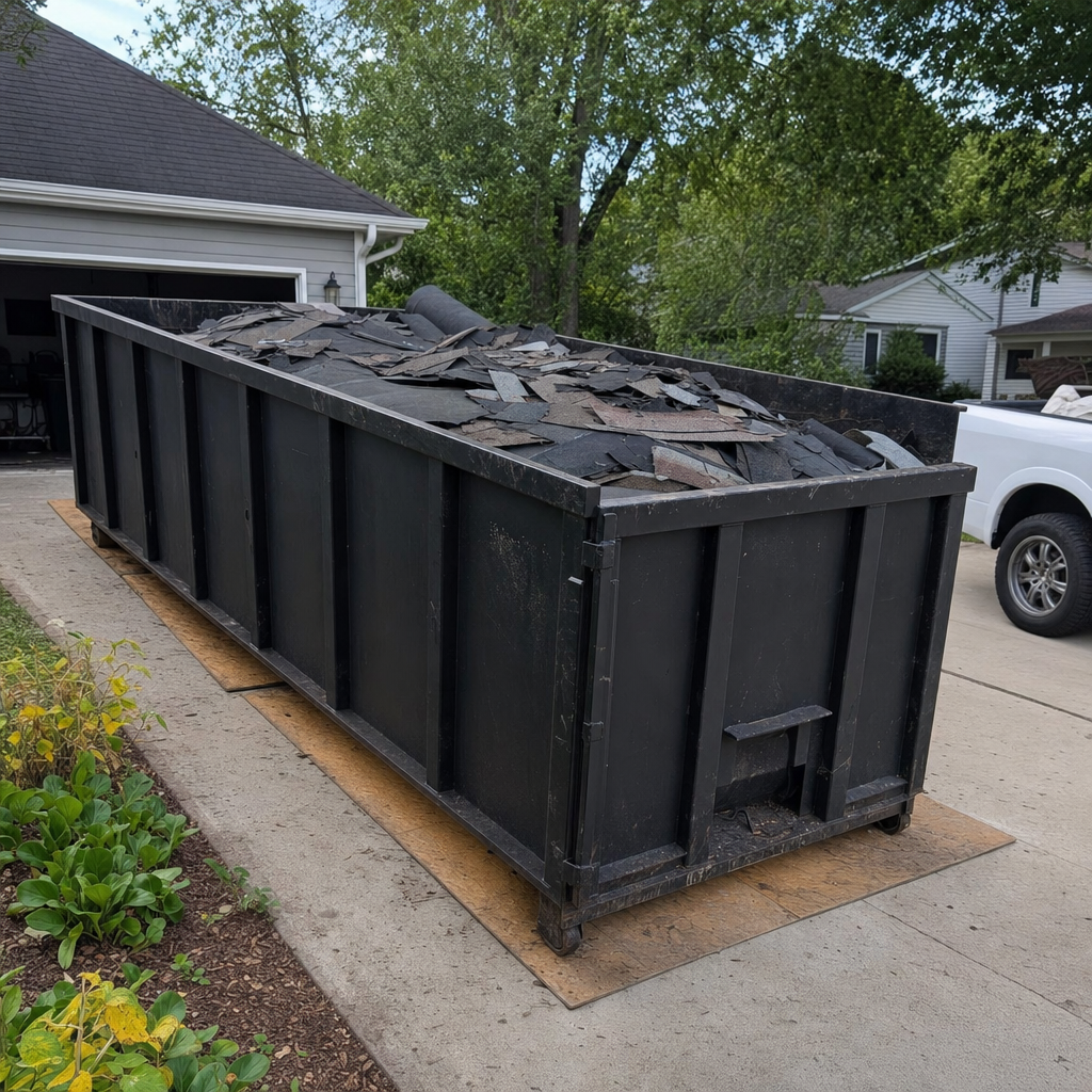 Matte-black 30-yard roofing roll-off dumpster on wooden planks in a Rowlett driveway, taller ribbed steel side panels, mixed tear-off debris of asphalt shingles and underlayment inside, professional documentary daylight