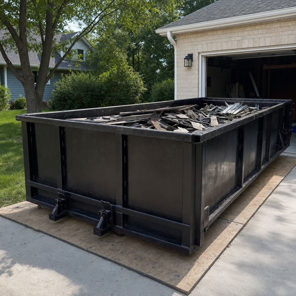Matte-black low-wall heavy-debris roofing roll-off dumpster on protective wooden planks in a Rowlett driveway, broken concrete clay roof tiles and metal panel sections loaded inside, reinforced ribbed steel side walls visible, bright outdoor daylight