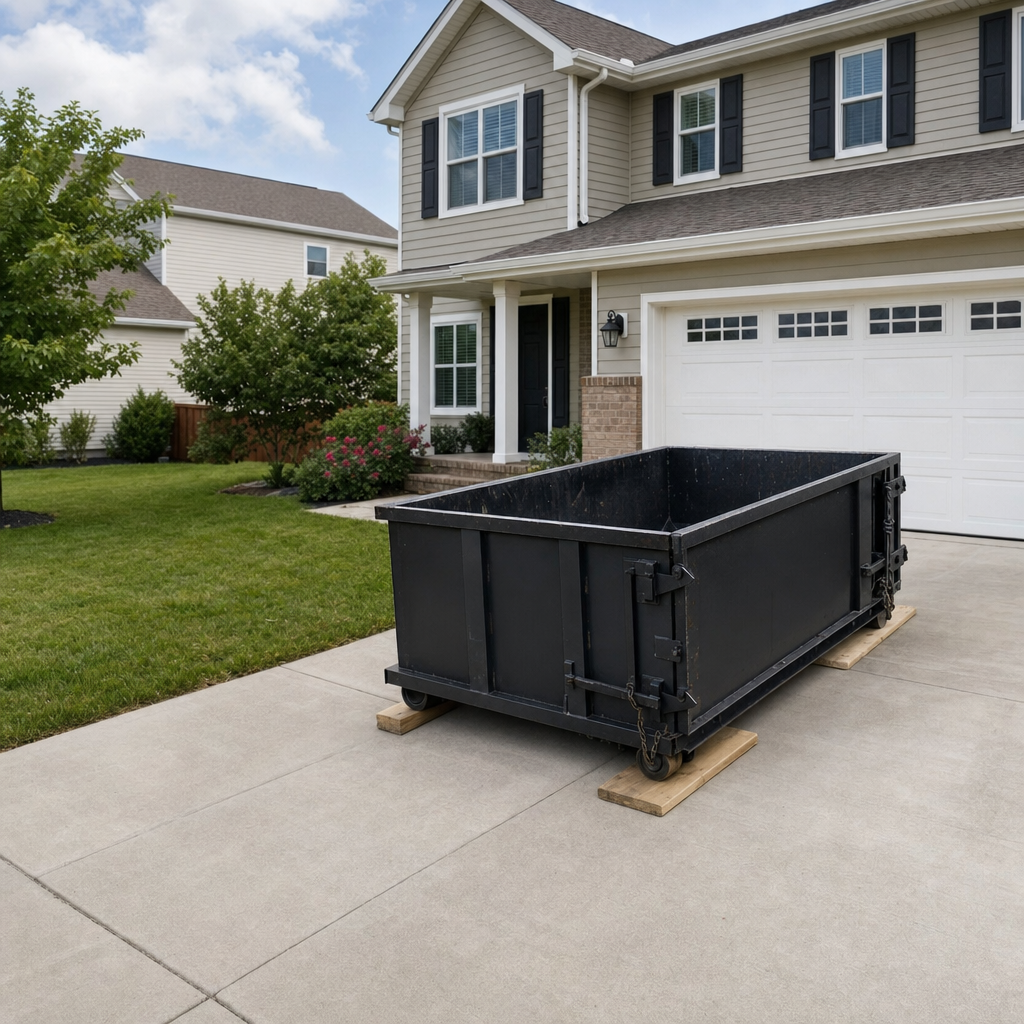 A matte-black 10-yard roll-off dumpster sitting on protective wooden planks in a residential Rowlett driveway, mid-day sunlight, clean and ready for a garage cleanout.