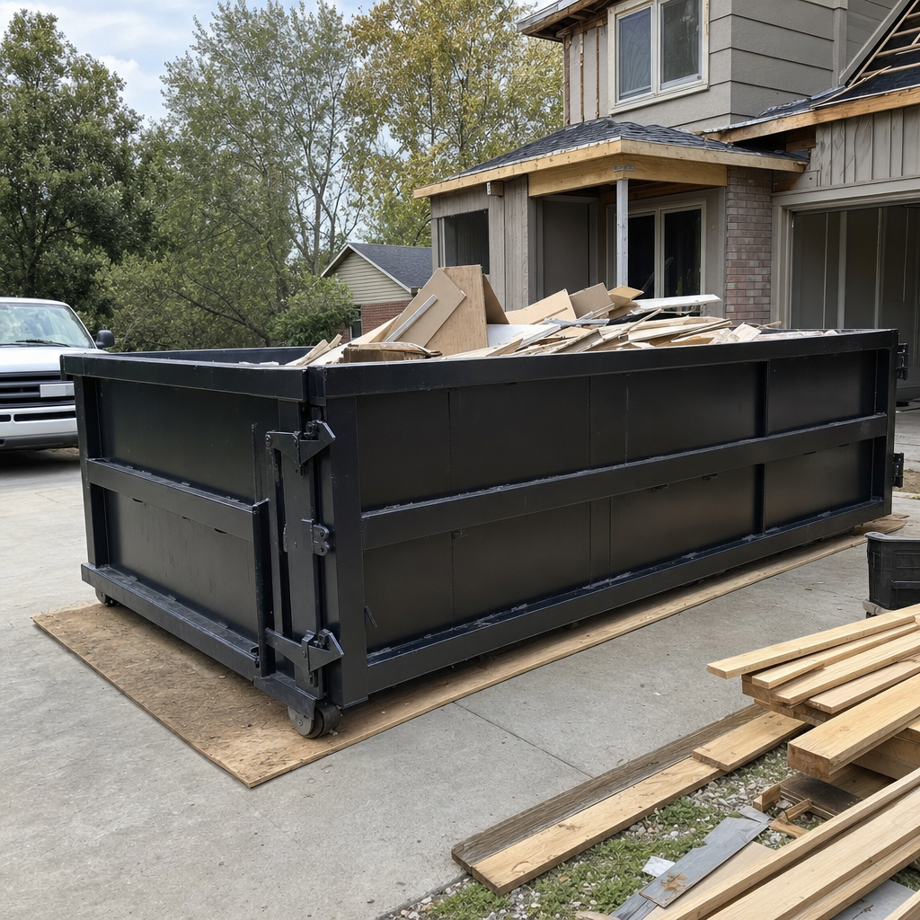 A matte-black 20-yard roll-off dumpster placed on wooden planks alongside a mid-renovation Rowlett home, with framing materials and torn-off shingles staged neatly nearby.
