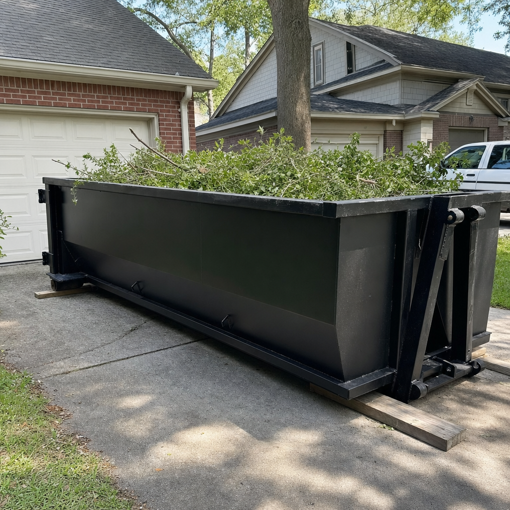A matte-black 20-yard roll-off dumpster filled with fresh-cut branches and leaf piles sits on protective wooden planks across a wide residential driveway, mature trees and a clean front-range neighborhood in soft midday light