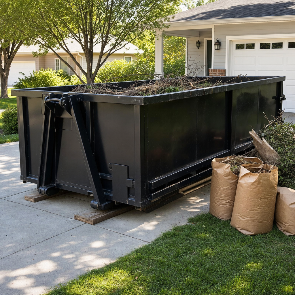 A matte-black 15-yard roll-off dumpster on protective wooden planks across a wide suburban driveway, mid-loading with a mix of broken branches, leaf bags, and a small sod pile, neat lawn and a clear blue Front Range sky