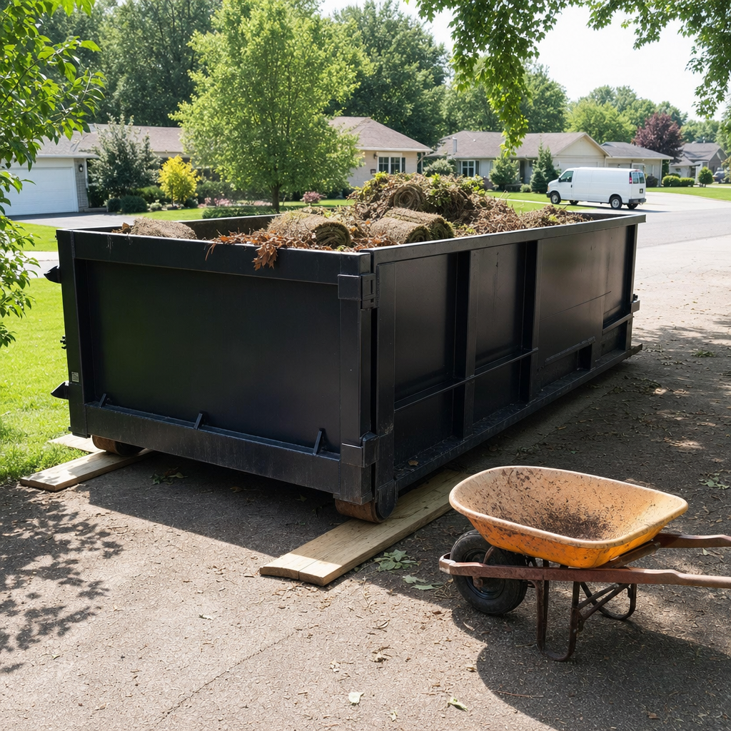 Worker in a high-visibility vest and work gloves loads rolled sod strips and a tarp of dry leaves into a matte-black yard waste dumpster, the container sits on wooden driveway planks with a wheelbarrow staged nearby, clean documentary morning light